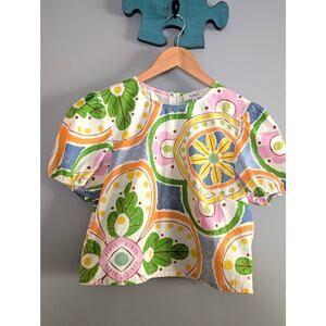 AVARA Floral Puff Sleeve Zipper Back Blouse Medium Multicolor Floral